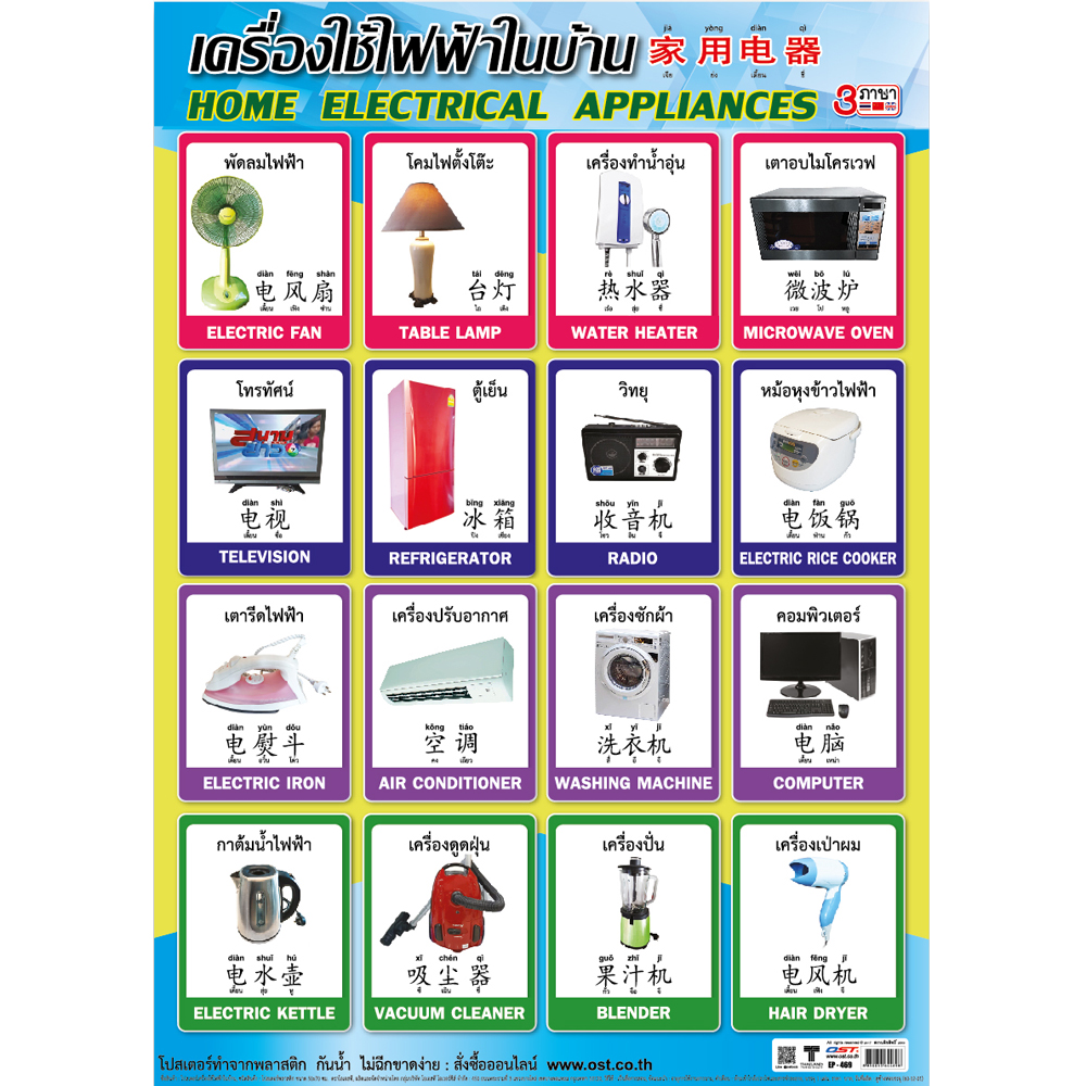 Home Electrical Appliances in Thai-English-Mandarin Posters No.469