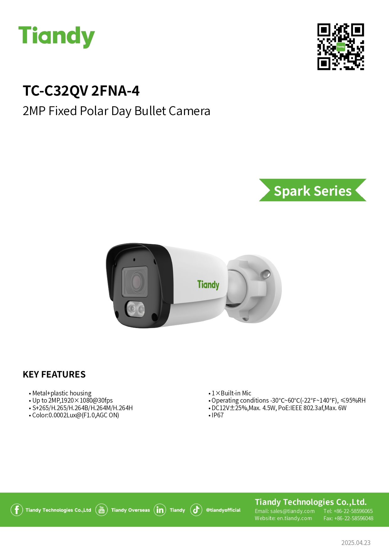 TIANDY TC-C32QV 2FNA-4 (4MM.) กล้องวงจรปิด IP Camera 2MP WDR, IP67, มีไมค์ในตัว BY BILLIONAIRE SECURETECH TIANDY TC-C32QV 2FNA-4 (4MM.)