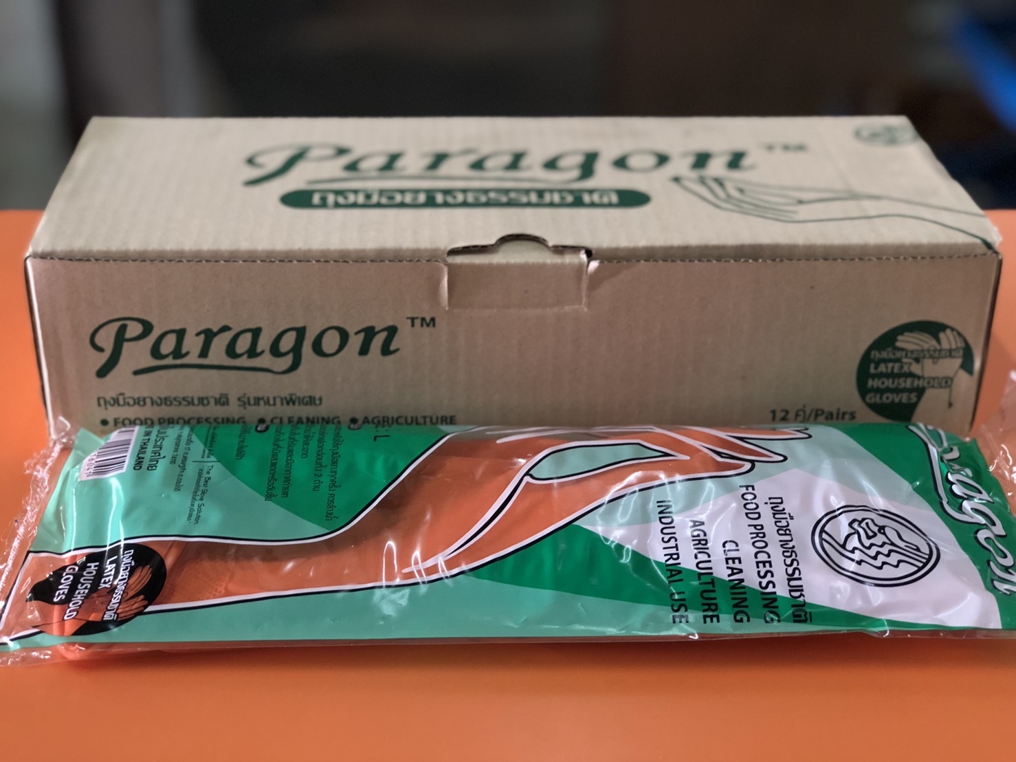 ถุงมือยางส้ม (Paragon) M L S