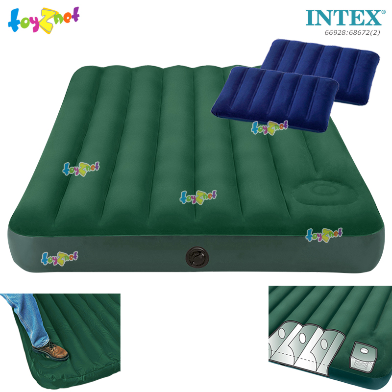 Intex Camping Airbed 4.5ft (Full) 1.37x1.91x0.22 m w/Built-in Foot Pump no.66928 + 2 Intex Pillows
