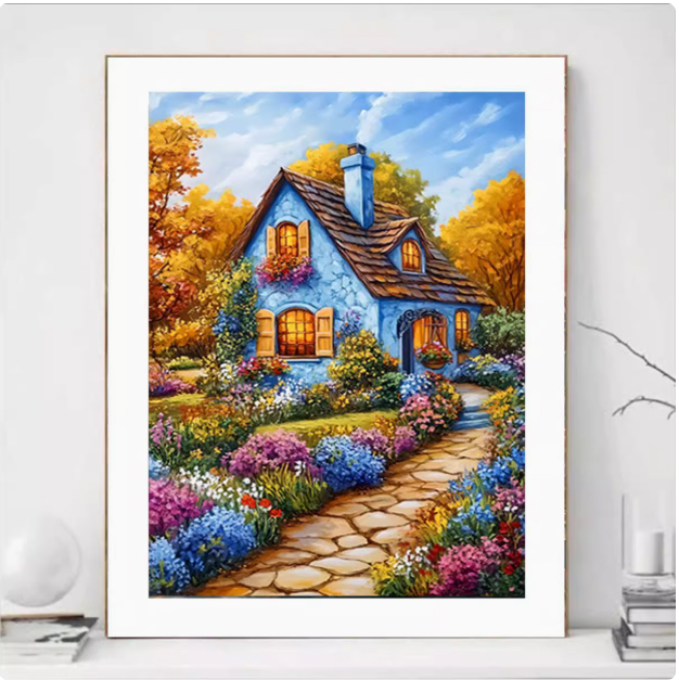 home-1154 *สินค้าหมด* ชุดปักครอสติช ลายบ้านสวยสวนดอกไม้ (ปักเต็มผืนผ้า ไม่มีเดินเส้น ผ้า11CTพิมพ์ลาย ปัก 3 เส้นเล็ก) ขนาด 50*65 ซม.ผ้าครอสติช 11CTพิมพ์ลายปักบนผ้า ไหมคอตตอน 51 สี ผังลาย เข็ม