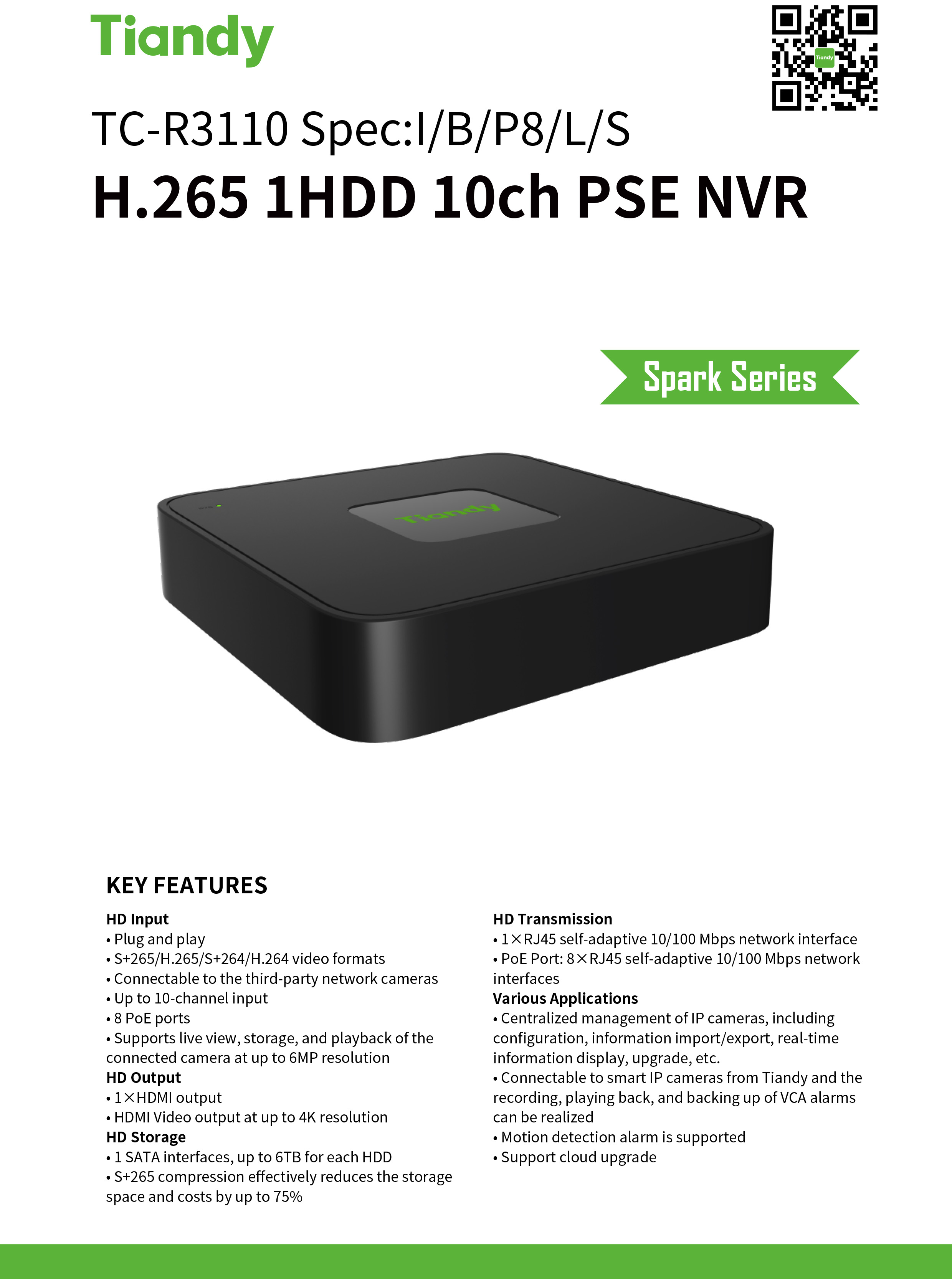 TIANDY TC-R3110 Spec:I/B/P8/L/S NVR 10CH / 8-PoE BY BILLIONAIRE SECURETECH TC-R3110 Spec:I/B/P8/L/S