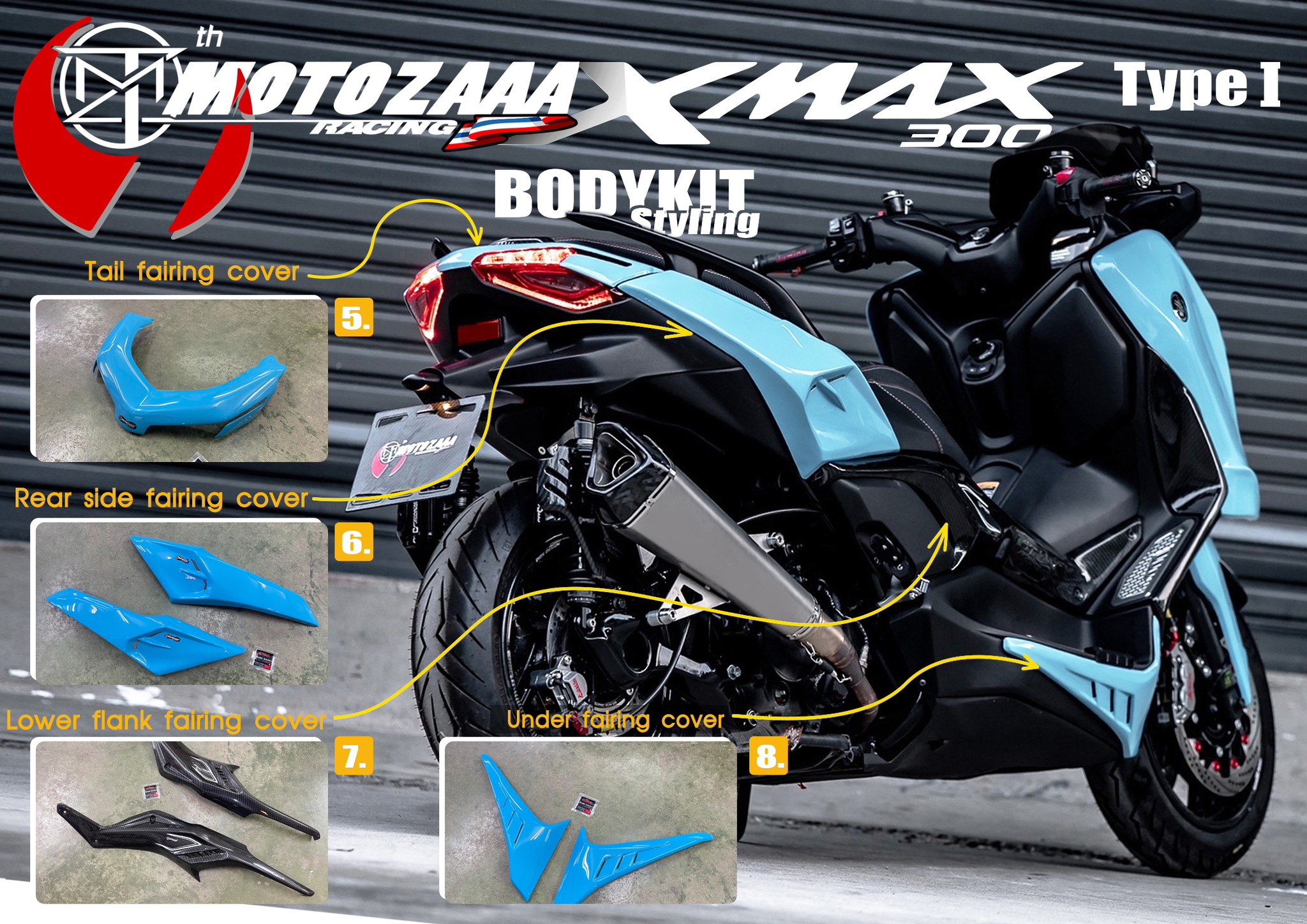Xmax300 Body kit MotozAAA Body kit 1). ครอบหน้ากากหน้า Front fairing cover 1500฿ 2). ครอบกาบอกซ้าย-ขวา Big side fairing cover 2790฿ 3). ครอบบังโคลนหน้า Front fender cover แบบ3ชิ้น (ชุดเต็ม ) 2100 แบบ2ชิ้น (ข้าง R/L ) 1490฿ ( ลายเคฟล่า +250฿ ) 4). ครอบปีกข