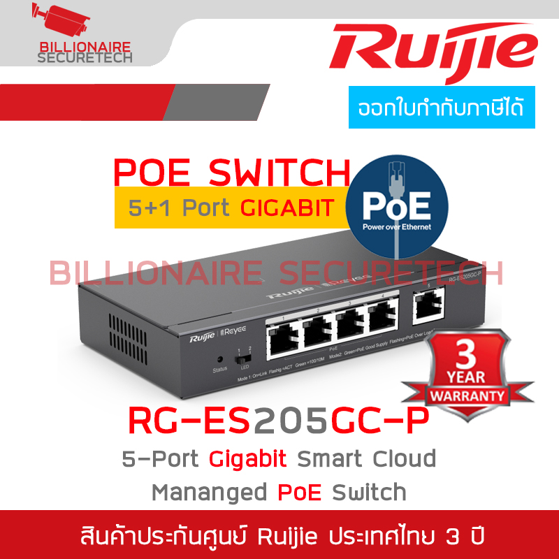 RUIJIE RG-ES205GC-P : 5-Port Gigabit Smart Cloud Mananged PoE Switch RG-ES205GC-P