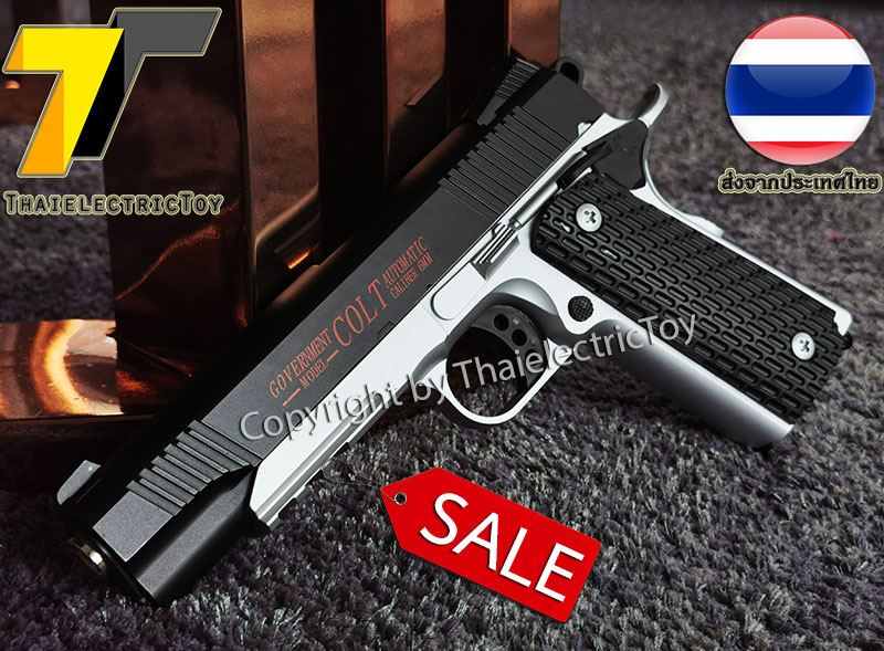 ปืนอัดลมเหล็ก Colt Government ชักยิงทีล่ะนัด สีทูโทน ลำกล้องยาว 7.5 นิ้ว นกสับได้ เซพตี้สไลน์ แมคเหล็ก หนัก 544 กรัม ใช้ลูกกระสุนพลาสติก 6 มิล