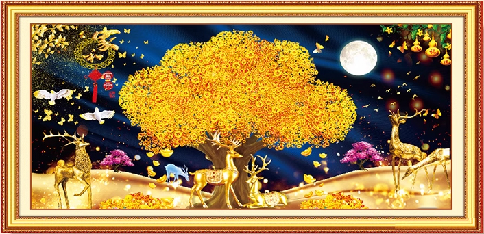 deer-1003 *พร้อมส่ง* ชุดปักครอสติช ลายกวางทองกับต้นไม้ทองคำ (ปักเต็มผืนผ้า ผ้า11CTพิมพ์ลาย ปัก 3 เส้นเล็ก) ขนาด 100*55 ซม.ผ้าครอสติช 11CTพิมพ์ลายปักบนผ้า ไหมคอตตอน 45 สี ผังลาย เข็ม