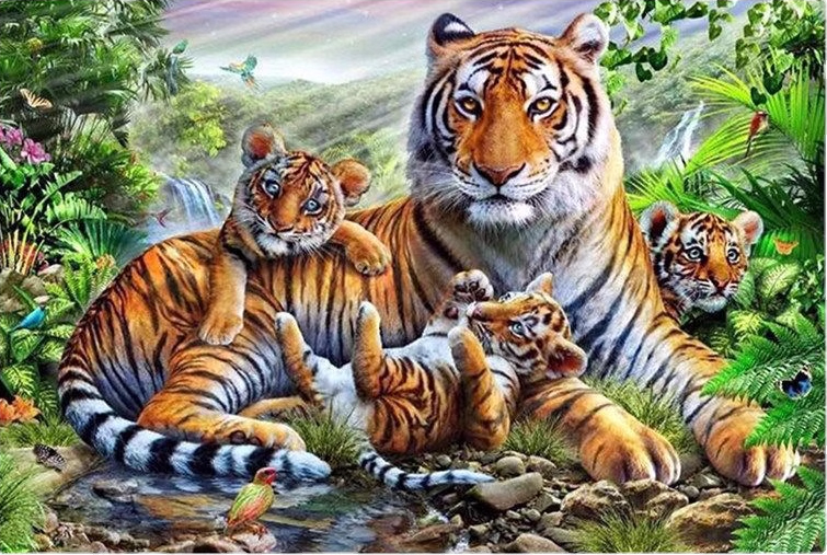 tiger-1013 *พร้อมส่ง* ชุดปักครอสติช ลายเสือแม่ลูก (ปักเต็มผืนผ้า ไม่มีเดินเส้น ผ้า9CTพิมพ์ลาย ปัก 4 เส้นเล็ก) ขนาด 80*55 ซม.ผ้าครอสติช 9CTพิมพ์ลายปักบนผ้า ไหมคอตตอน 37 สี ผังลาย เข็ม