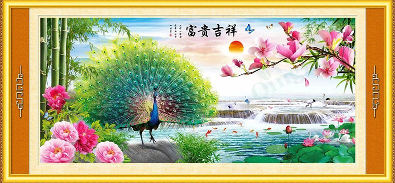 peacock-1085 *สินค้าหมด* ชุดปักครอสติช ลายนกยูงรำแพนในป่าใหญ่ (งานปักเต็มลาย ไหมเงา) ขนาดใหญ่ 151*77 ซม.ผ้าครอสติช 11CTพิมพ์ลายปักบนผ้า ไหมเงา Silk 62 สี ผังลาย เข็ม