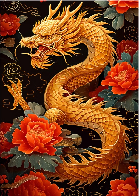 dragon-1007 *สินค้าหมด* ชุดปักครอสติช ลายมังกรทองกับช่อโบตั๋น (ปักเต็มผืนผ้า ไม่มีเดินเส้น ผ้า11CTพิมพ์ลาย ปัก 3 เส้นเล็ก) ขนาด 51*68 ซม.ผ้าครอสติช 11CTพิมพ์ลายปักบนผ้า ไหมคอตตอน 20 สี ผังลาย เข็ม