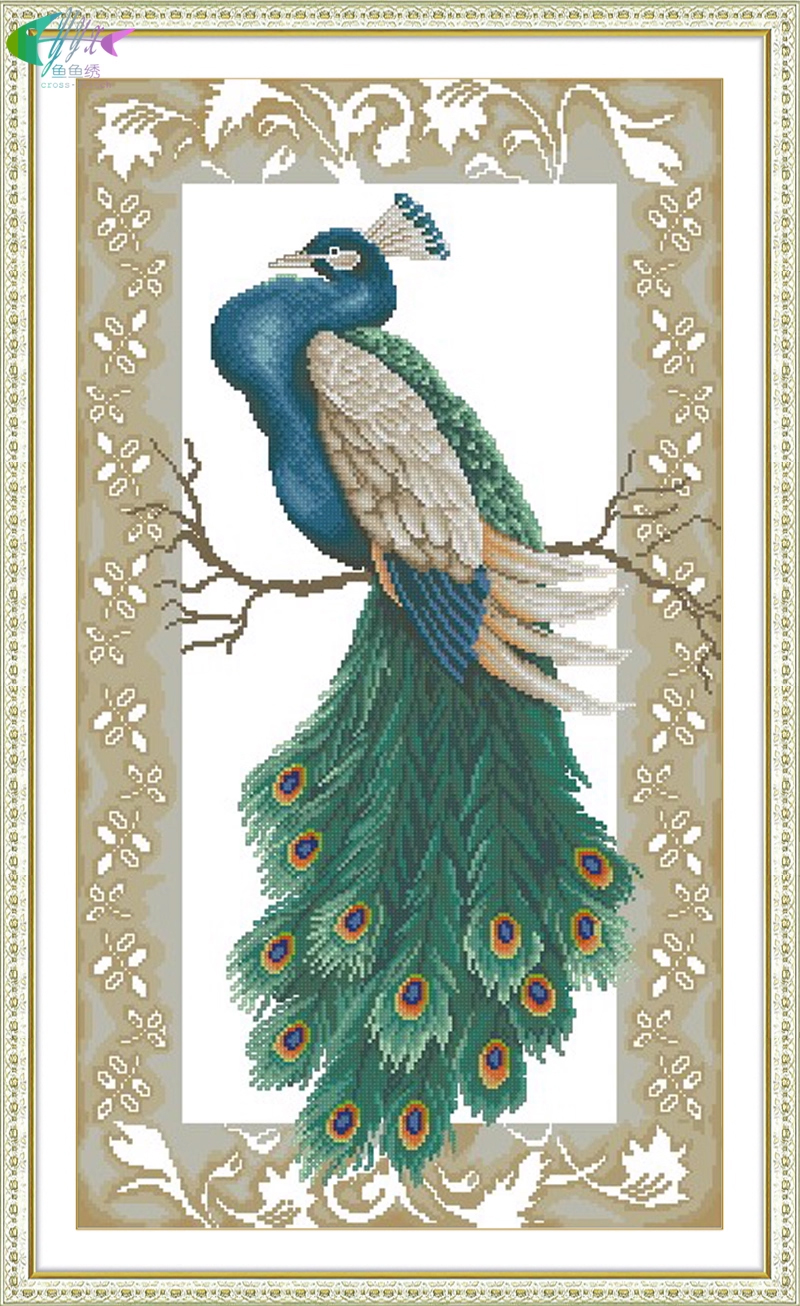 peacock-1035 *พร้อมส่ง* ชุดปักครอสติช ลายกรอบรูปนกยูง (ปักเต็มผืนผ้า ไม่มีเดินเส้น ผ้า11CTพิมพ์ลาย ปัก 3 เส้นเล็ก) ขนาด 35*50 ซม. ผ้าครอสติช 11CTพิมพ์ลายปักบนผ้า ไหมคอตตอน 22 สี ผังลาย เข็ม