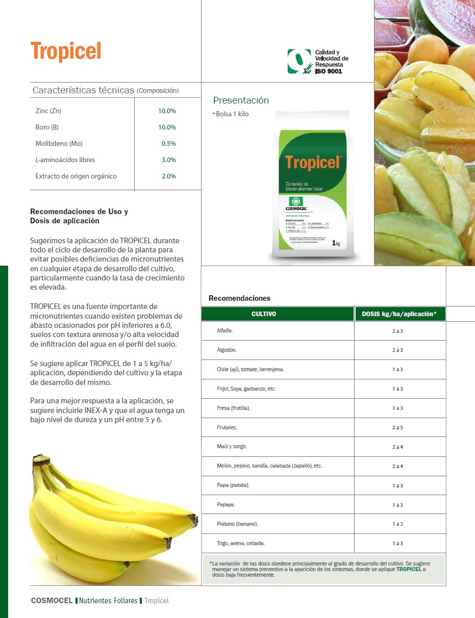 Tropicel ผงจุลธาตุ อะมิโนคีเลต ธาตุอาหารเสริม สังกะสี โบรอน โมลิบดีนั่ม ทรอปิเซล (Cosmocel) บรรจุ 1 กิโลกรัม