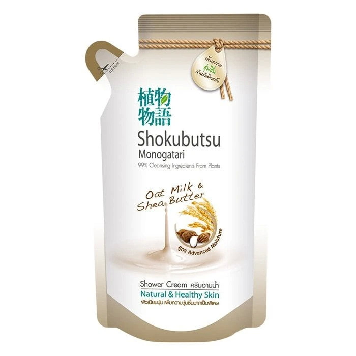 SHOKUBUTSU Monogatari ครีมอาบน้ำ โชกุบุสซึ โมโนกาตาริ สูตรเพิ่มความชุ่มชื่นสำหรับผิวแห้ง 500 มล. Advanced Moisture Oat Milk & Shea Butter (Refill)