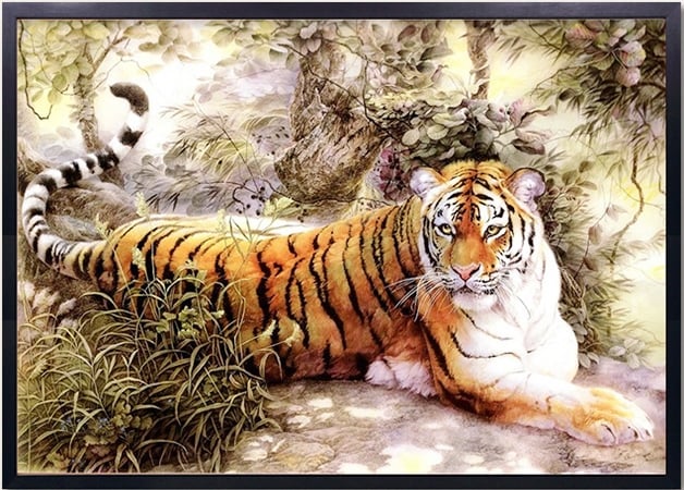 tiger-2003 *สินค้าหมด* ชุดภาพติดคริสตัลกลม ลายเสือเบงกอล ( งานติดเต็มภาพ ) ขนาด 60*40 ซม.ผ้าแคนวาสลงผังลายเต็ม คริสตัลกลม 25 สี อุปกรณ์ครบชุด