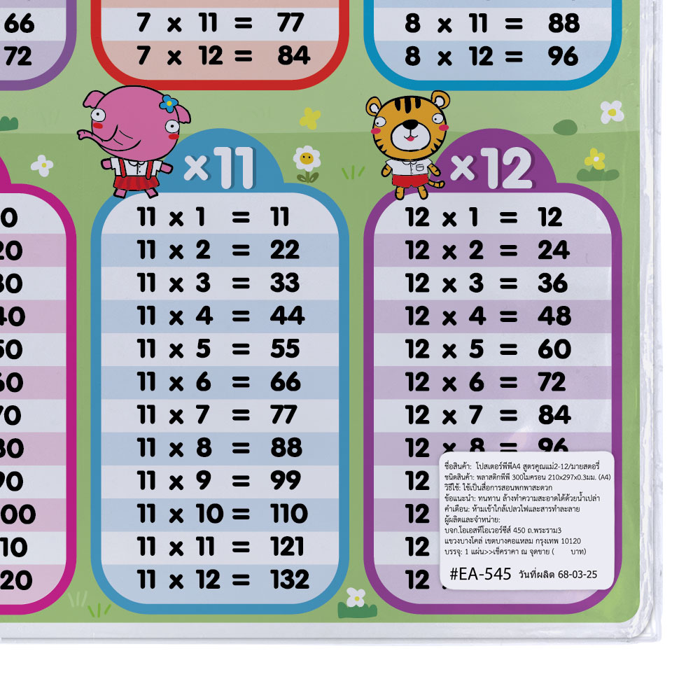 สคบ.โปสเตอร์ความรู้ ตารางสูตรคูณ ขนาดA4 EA-545 แม่ 2-12 ลายมายสตอรี่