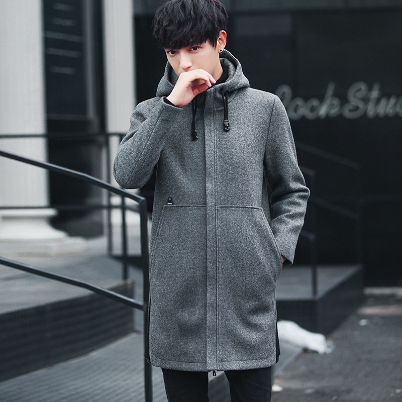 (พร้อมส่ง)โค้ทผ้า Wool ซิปหน้า มี Hood มีกระเป๋าข้างใบใหญ่ สีเทา (L,XL,2XL,3XL)