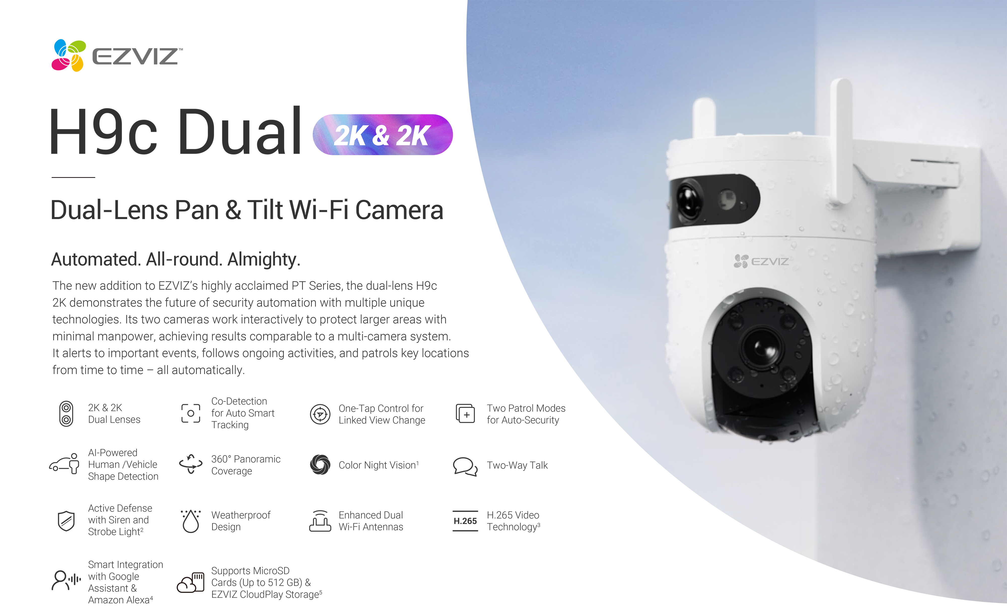 EZVIZ H9c Dual 2K กล้องวงจรปิดระบบ IP WIFI ความละเอียด 2K DUAL LENS ภาพสี 24 ชม. มีไมค์และลำโพงในตัว ติดตั้งภายนอกได้ BY BILLIONAIRE SECURETECH EZVIZ H9c Dual 2K