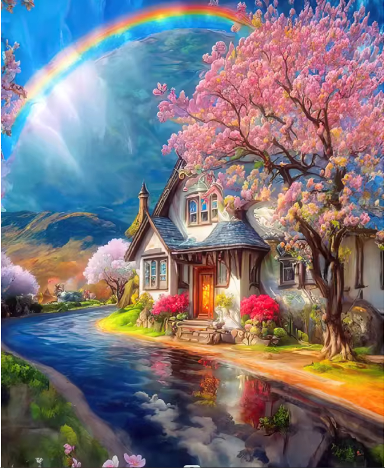 home-1148 *สินค้าหมด* ชุดปักครอสติช ลายบ้านสวยสายรุ้ง (ปักเต็มผืนผ้า ไม่มีเดินเส้น ผ้า 11CTพิมพ์ลาย มีประกาย ปัก 3 เส้นเล็ก) ขนาด 50*70 ซม.ผ้าครอสติช 11CTพิมพ์ลายปักบนผ้า ไหมคอตตอน 55 สี ผังลาย เข็ม