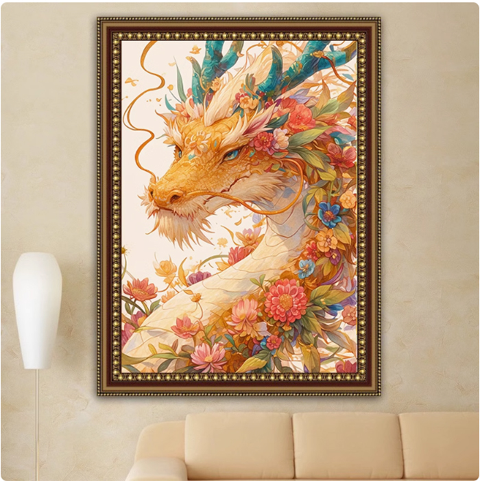 dragon-1111 *สินค้าหมด* ชุดปักครอสติช ลายมังกรดอกไม้ (ปักเต็มผืนผ้า ไม่มีเดินเส้น ผ้า9CTพิมพ์ลาย ปัก 4 เส้นเล็ก) ขนาด 60*80 ซม.ผ้าครอสติช9CTพิมพ์ลายปักบนผ้า ไหมคอตตอน 56 สี ผังลาย เข็ม