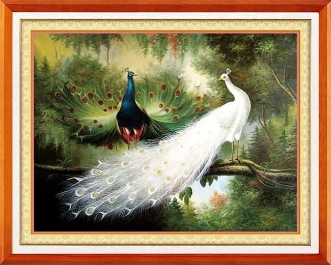 peacock-1033 *สินค้าหมด* ชุดปักครอสติช ลายนกยูงคู่รำแพน (ปักเต็มผืนผ้า ไม่มีเดินเส้น ผ้า11CTพิมพ์ลาย ปัก 3 เส้นเล็ก) ขนาด 90*70 ซม. ผ้าครอสติช 11CTพิมพ์ลายปักเต็มลายผ้า ไหมคอตตอน 50 สี ผังลาย เข็ม