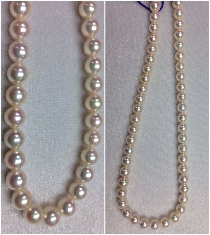 สร้อยคอไข่มุกอโกย่า ญี่ปุ่น 8-8.5 มิล กลม สีขาวอมชมพูอมส้มสว่าง, AA-AA+