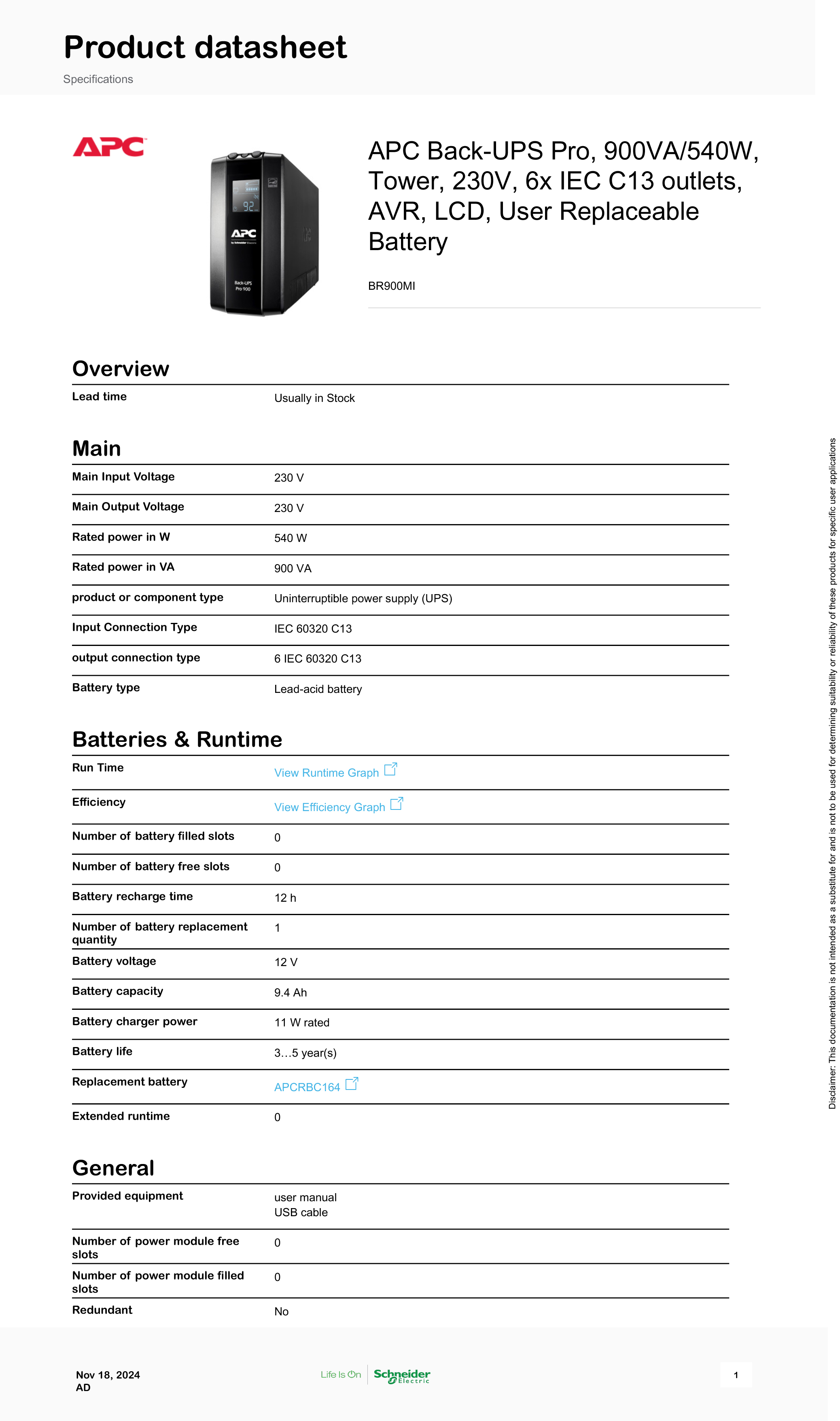 APC BR900MI : 900VA/540W, Back-UPS Pro, Tower, 230V, 6x IEC C13 outlets, AVR, LCD, User Replaceable Battery BY BILLIONAIRE SECURETECH BR900MI
