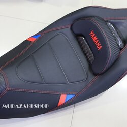 เบาะแต่ง Aerox ลาย BM สีน้ำเงิน แดง เบาะรถมอไซ เบ ลายเคฟล่า ทรงสปอร์ต สีดำ ด้ายแดง