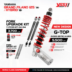 YSS G-TOP กับ Design ใหม่!! "ทรงสวย สะดุดตา" พร้อมให้คุณเป็นเจ้าของในราคา 5,500 บาท มาพร้อมการอัพเกรดด้านหน้า Fork Upgrade Kit ราคา 3,700 บาท หรือเลือก Load 1.5 นิ้ว กับ Fork Sport Kit ราคาเพียง 1,290 บาท เลือกได้ในแบบที่คุณต้องการ ยังไม่หมดเราย