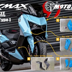 Xmax300 Body kit MotozAAA Body kit 1). ครอบหน้ากากหน้า Front fairing cover 1500฿ 2). ครอบกาบอกซ้าย-ขวา Big side fairing cover 2790฿ 3). ครอบบังโคลนหน้า Front fender cover แบบ3ชิ้น (ชุดเต็ม ) 2100 แบบ2ชิ้น (ข้าง R/L ) 1490฿ ( ลายเคฟล่า +250฿ ) 4). ครอบปีกข