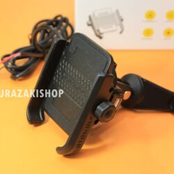 ขายึดจับโทรศัพท์อลูมิเนียมติดรถจักรยานยนต์ มีข่อง USB สีดำ