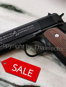 ปืนอัดลมเหล็ก ชักยิงทีล่ะนัด Colt 1911 สีดำ ลำกล้องยาว 7.5 นิ้ว นกสับได้ เซพตี้สไลน์ แมคเหล็ก หนัก 588 กรัม ใช้ลูกกระสุนพลาสติก 6 มิล