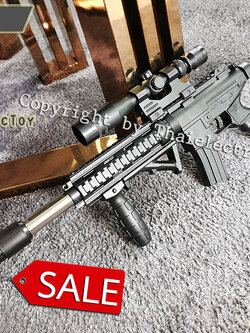 ปืนอัดลมพลาสติก 2020-1 ชักยิงทีล่ะนัด ยืดหดพานท้ายได้ หนัก 420 กรัม ยาว 72 ซม. มีเลเซอร์ ใช้ลูกกระสุนพลาสติก 6 มิล