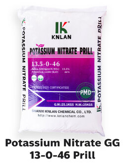 KNO3 Potassium Nitrate (Prill) ปุ๋ยเกล็ด KNLAN 13.5-0-46 จีเกรด แบบปั้นเม็ดเพื่อให้ไม่จับเป็นก้อน บรรจุ 25 กิโลกรัม