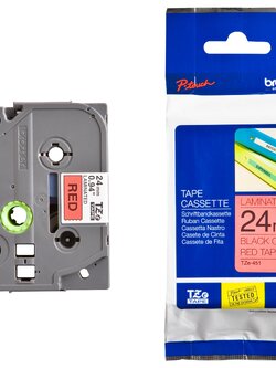 เทปพิมพ์อักษร BROTHER 24 mm. - อักษรดำพื้นแดง TZE-451