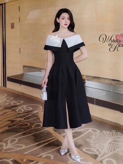 Korea Dress เดรสปาดไหล่ช่วงไหล่เย็บยางยืดใส่แล้วเกาะไหล่ดี (ดำ)