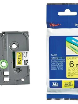 เทปพิมพ์อักษร BROTHER 6 mm. - อักษรดำพื้นเหลือง TZE-611