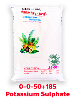K2SO4 Potassium Sulphate SOP ปุ๋ยเกล็ด 0-0-50 +18S ปุ๋ยหวาน บำรุงผลให้มีรสหวาน น้ำหนักดี มีกลิ่นหอม (ไต้หวัน) บรรจุ 25 กิโลกรัม