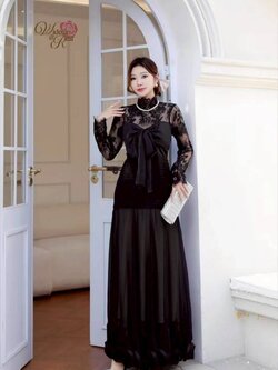 Korea Maxi Dressแขนยาวแต่งด้วยผ้าลูกไม้สืดำ