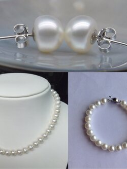 ชุดไข่มุกแท้ สร้อยคอ สร้อยข้อมือ และต่างหู ขนาด 7-7.5 มิล สีขาว เกรด AAA