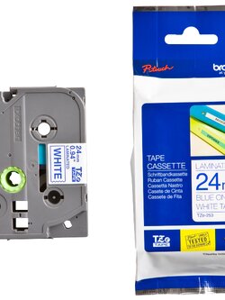 เทปพิมพ์อักษร BROTHER 24 mm. - อักษรน้ำเงินพื้นขาว TZE-253