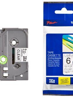 เทปพิมพ์อักษร BROTHER 6 mm. - อักษรดำพื้นใส TZE-111