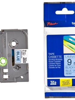 เทปพิมพ์อักษร BROTHER 9 mm. - อักษรดำพื้นน้ำเงิน TZE-521