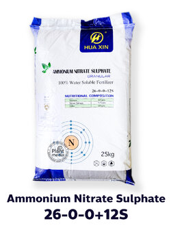 Ammonium Nitrate Sulphate (ANS) แอมโมเนียม ไนเตรท ซัลเฟต แมวทองคำ หัวซิน (HUA XIN) สูตร 26-0-0 +12S เม็ดกลม ละลายได้ 100% ใช้แทนยูเรีย ได้ทั้งระบบน้ำและหว่านทางดิน บรรจุ 25 กิโลกรัม