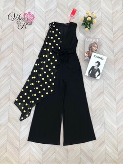 Korea Jumpsuit จั้มสูทขาบานยาว ด้านข้างแต่งผ้าระบายยาวพิมพ์ลายจุดสีทอง