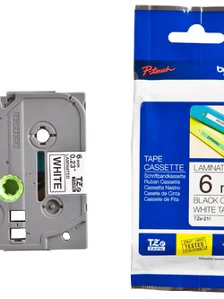 เทปพิมพ์อักษร BROTHER 6 mm. - อักษรดำพื้นขาว TZE-211