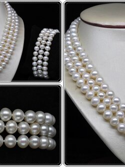 ชุดไข่มุกแท้ สร้อยคอ และ สร้อยข้อมือ แบบ 3 ชั้น 6-6.5 มิล AAA