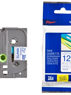 เทปพิมพ์อักษร BROTHER 12 mm. - อักษรน้ำเงินพื้นขาว TZE-233