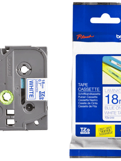 เทปพิมพ์อักษร BROTHER 18 mm. - อักษรน้ำเงินพื้นขาว TZE-243