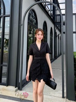 Korea Set 3ชิ้น เสื้อเบเซอร์ตัวยาว+กระโปรงสั้น+เข็มขัด 1 เส้น (ดำ)