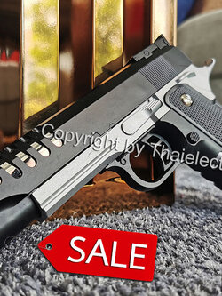 ปืนอัดลมเหล็ก K6 สีทูโทน ชักยิงทีล่ะนัด ลำกล้องยาว 7.5 นิ้ว หนัก 497 กรัม ใช้ลูกกระสุนพลาสติก 6 มิล