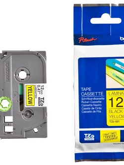 เทปพิมพ์อักษร BROTHER 12mm. อักษรดำพื้นเหลือง TZE-631